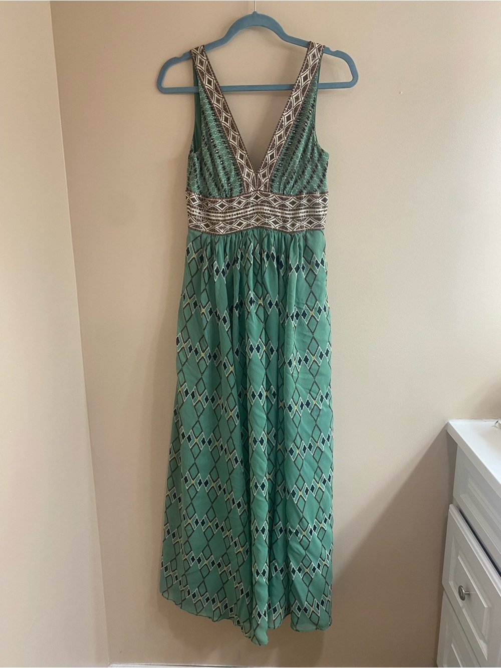BCBG MaxAzria Teal Patterned V-Neck Maxi Dress